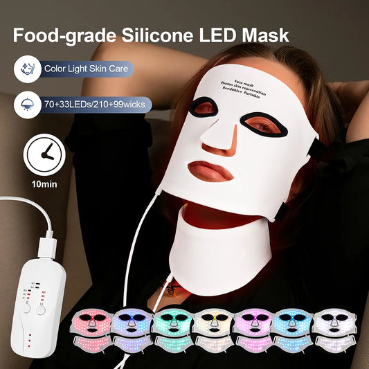 7-Color LED Light Therapy Face & Neck Mask | Wireless Red Light Infrared Skin Repair & Rejuvenation